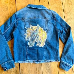 Adorable girls jean jacket with embellished horse head on the back